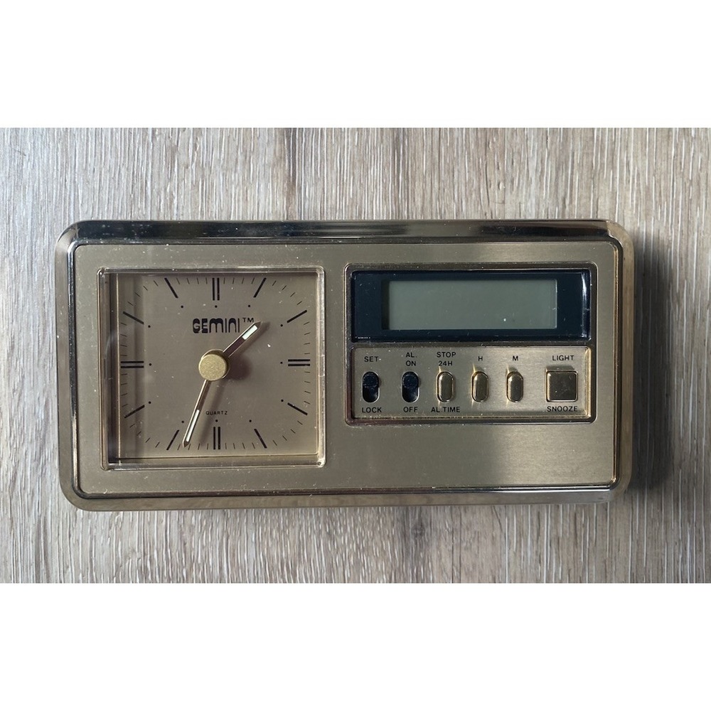 Vintage Traveling Mini Desk Travel Alarm LCD Quartz Clock Gemini - Untested